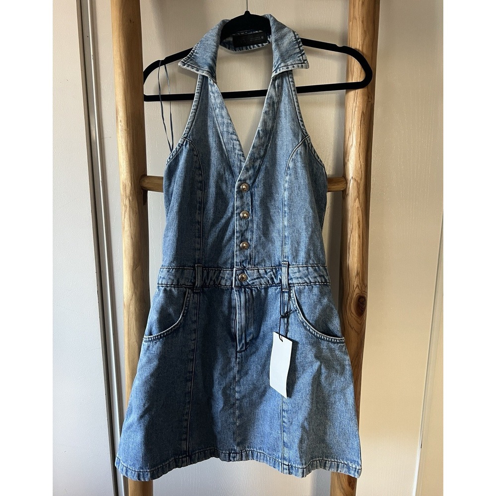 Zara Blue Denim Solid Halter Neck Button Front Sleeveless Romper S
